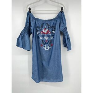 NEW Francescas Blue Rain Denim Floral Embroidered Off Shoulder Dress Size Medium